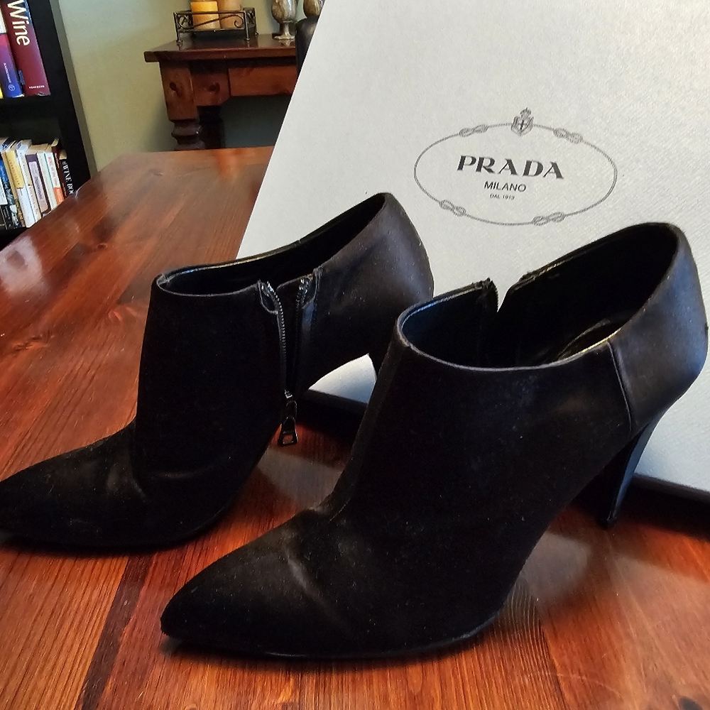 Prada satin booties.‎ Like new. Comes with box